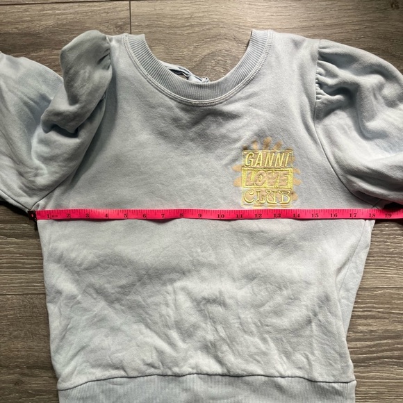 GANNI Light Blue Yellow Flower Long Puff Sleeves Backless Tie Sweatshirt Size M - Picture 9 of 11